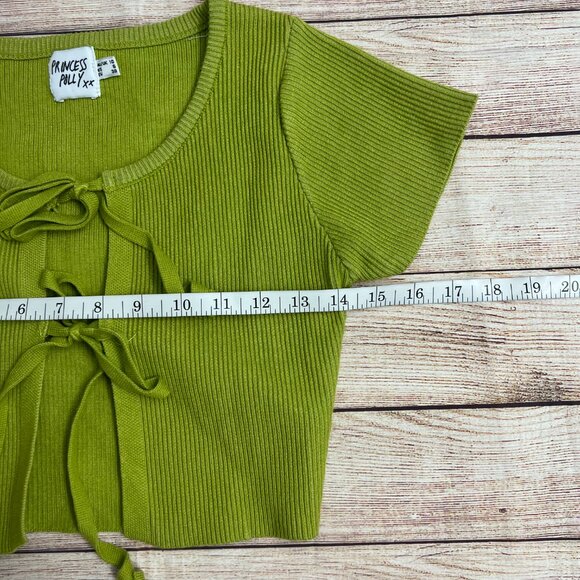 Princess Polly Womens 6 Crop Top Green Ribbed Tie Front Short Sleeve Y2K - Picture 5 of 11